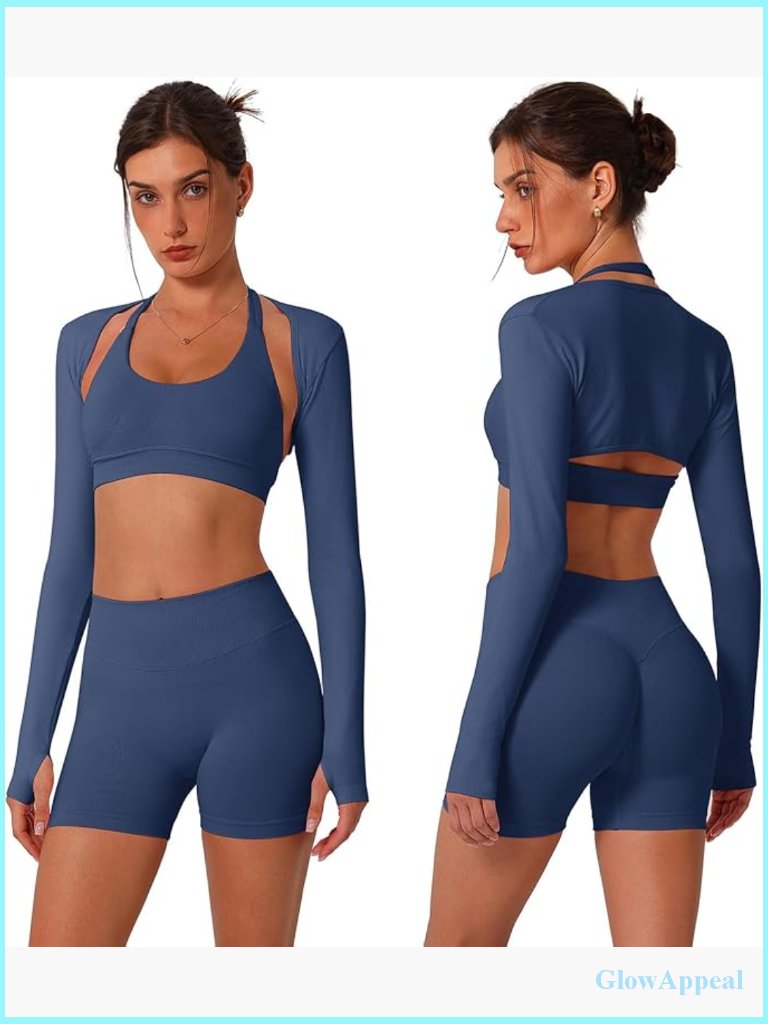 3 Piece Seamless Workout Set - Halter Sports Bra, Biker Shorts, Bolero Cardigan